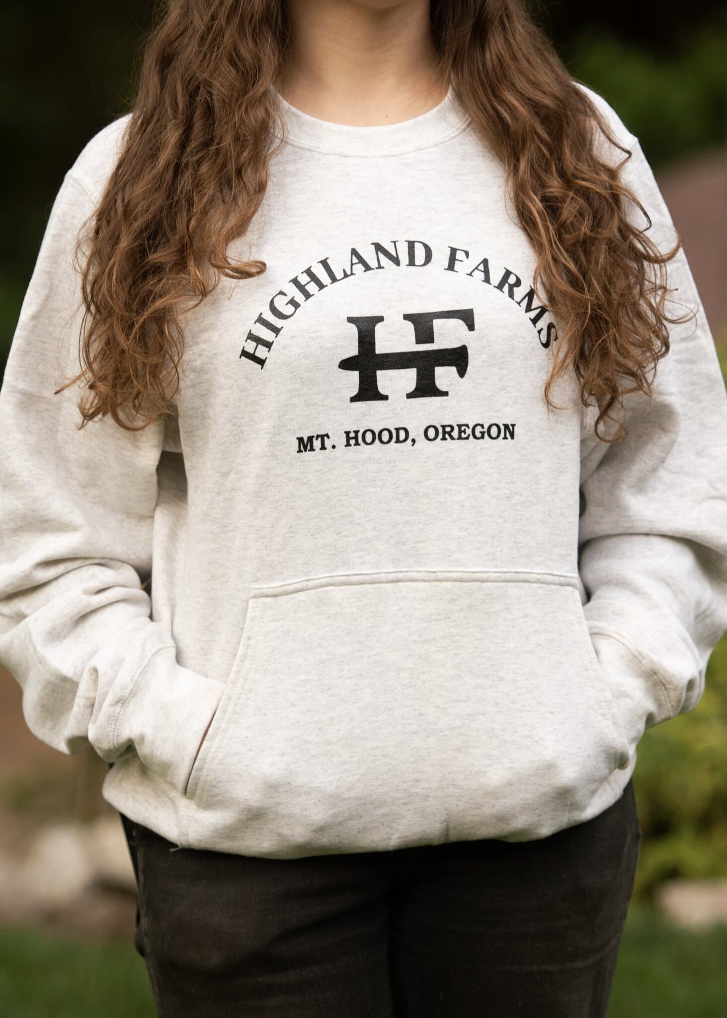 Heather gray Farm Crewneck with black Highland Farms chest print and a front pocket
