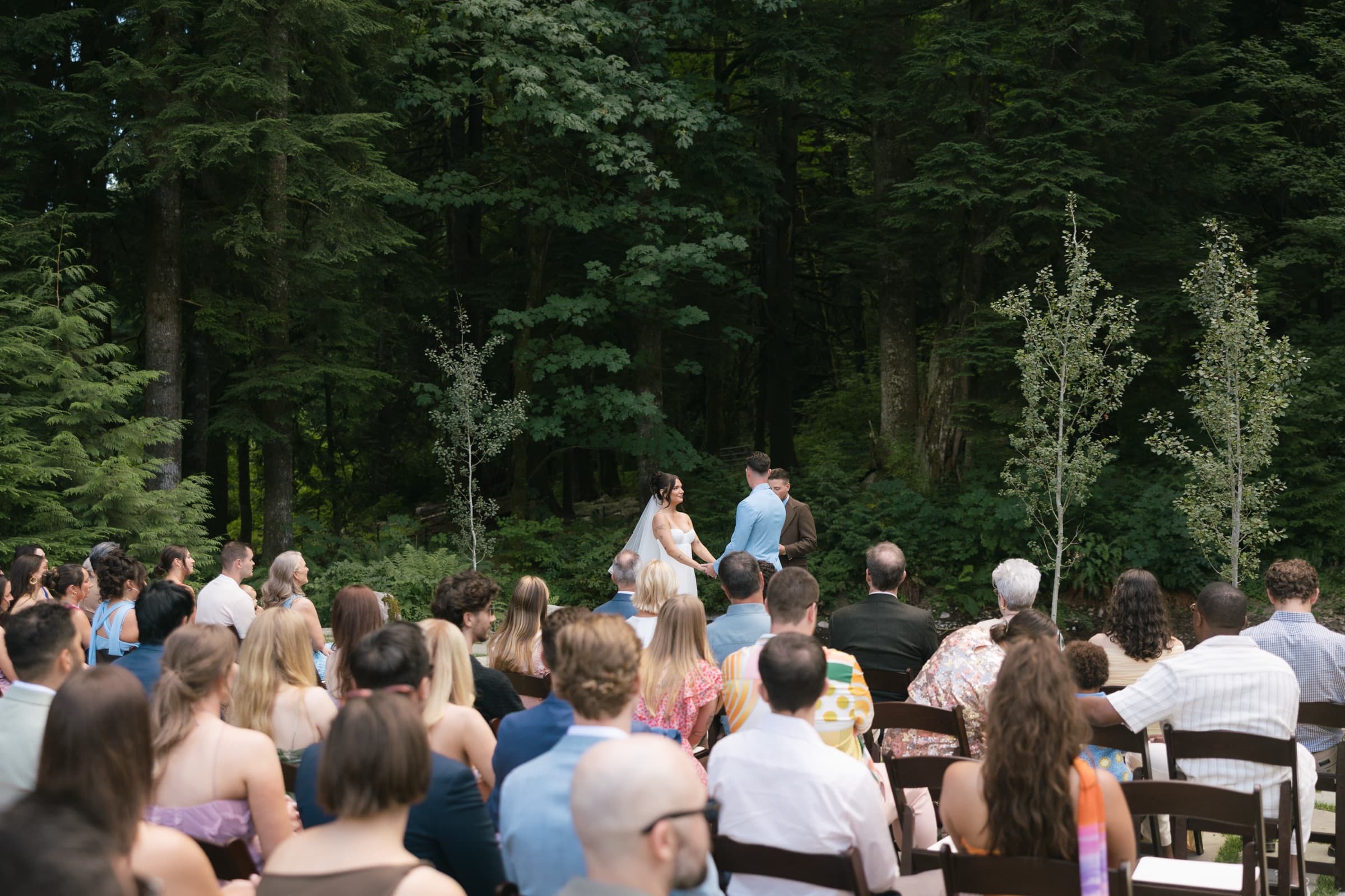 Guests seated under tall evergreens watch a couple exchange vows